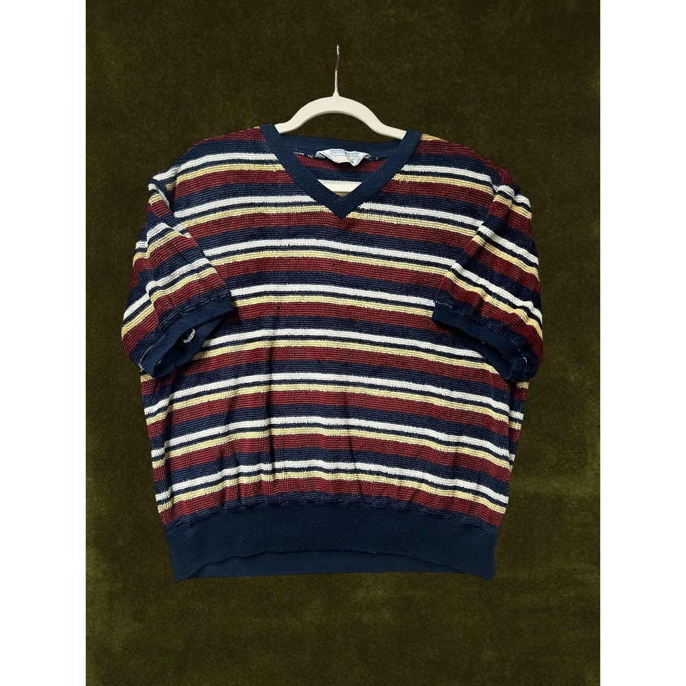 Vintage 70s JCPenney Striped Knit Sweater Mens XL V-Neck Short Sleeve Navy Red
